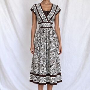 Vintage Y2K 90s Brown Blue Floral Knee Length Knit Boho A-Line Sundress Size M